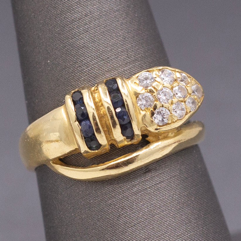 Vintage Diamond and Blue Sapphire Wrap Around Snake Ring in 18k Yellow Gold