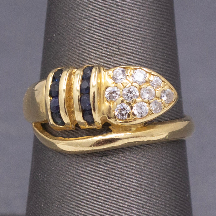Vintage Diamond and Blue Sapphire Wrap Around Snake Ring in 18k Yellow Gold