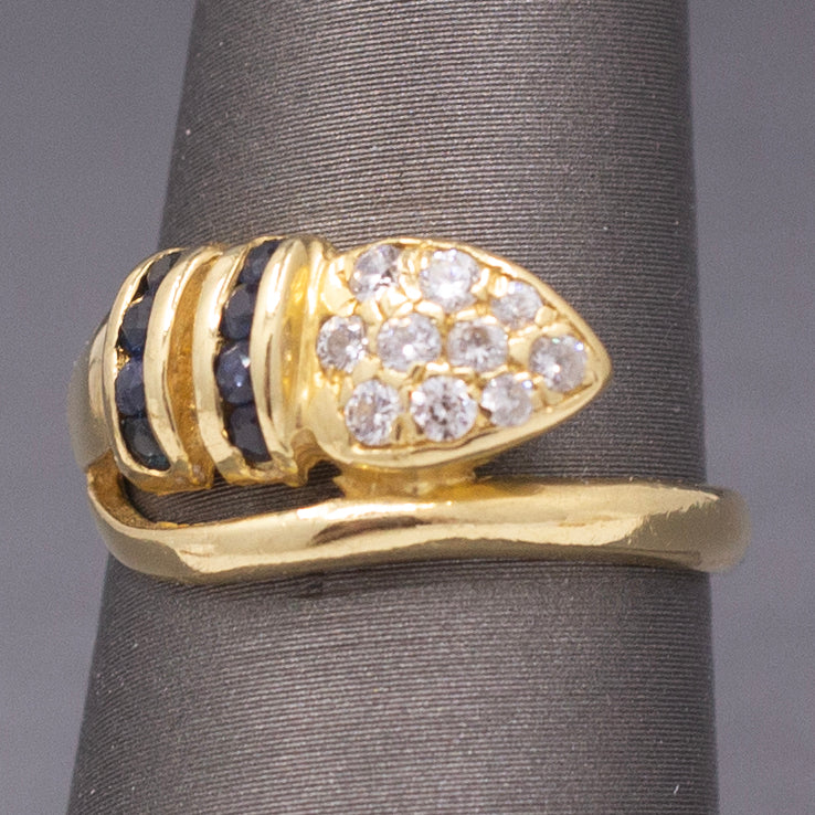 Vintage Diamond and Blue Sapphire Wrap Around Snake Ring in 18k Yellow Gold