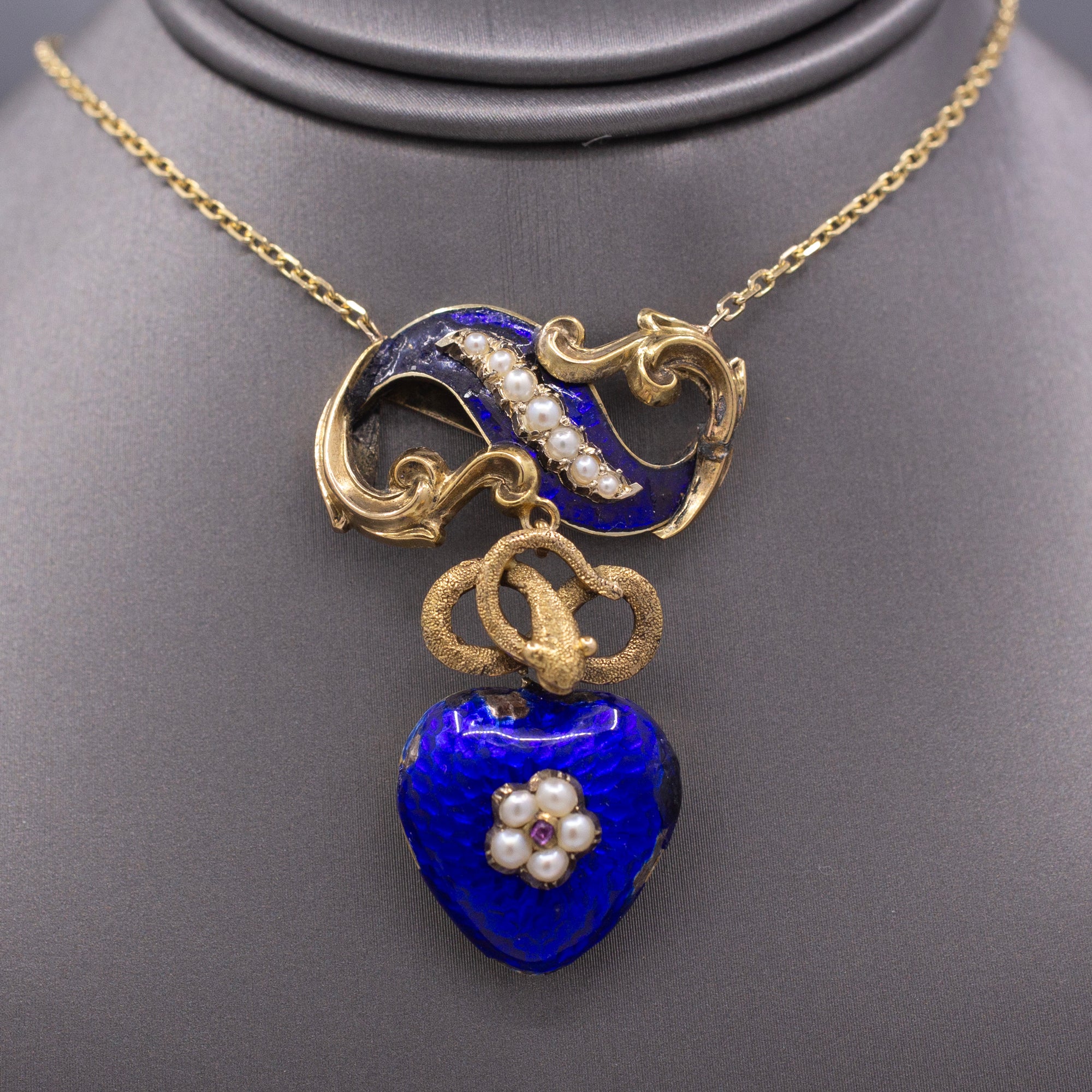 Antique Victorian Serpent Heart Locket in Blue Enamel Pendant Necklace in 14k Gold
