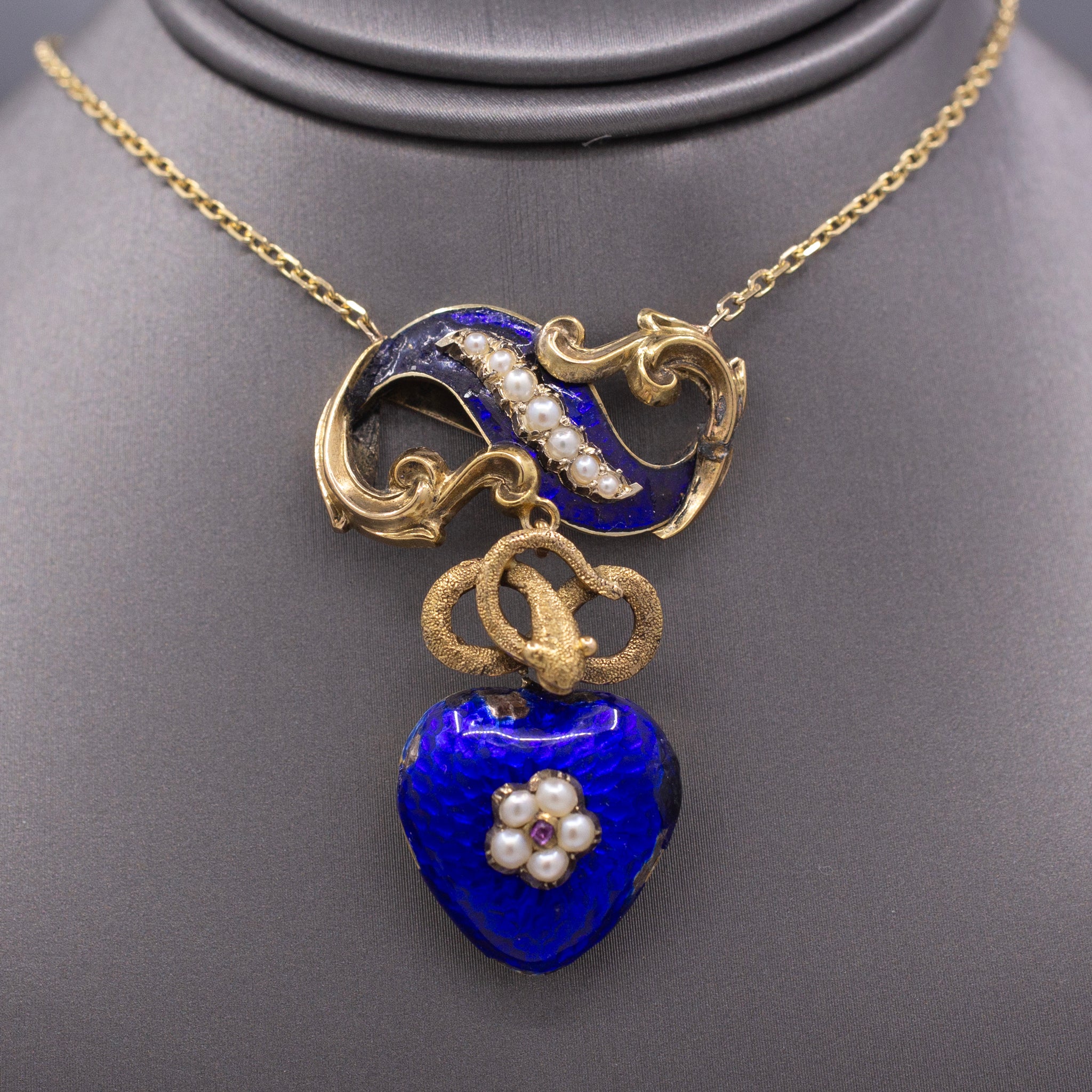 Antique Victorian Serpent Heart Locket in Blue Enamel Pendant Necklace in 14k Gold