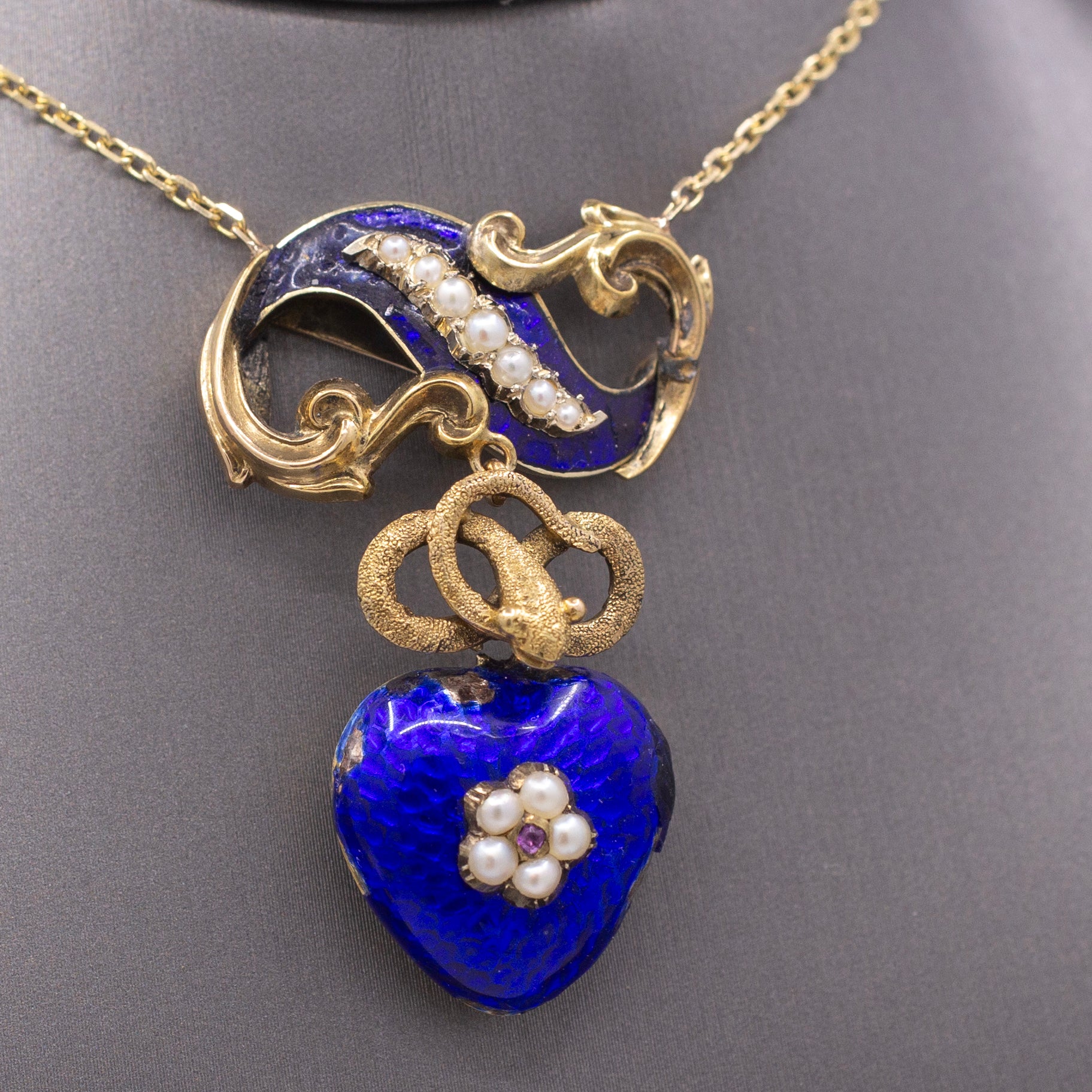 Antique Victorian Serpent Heart Locket in Blue Enamel Pendant Necklace in 14k Gold
