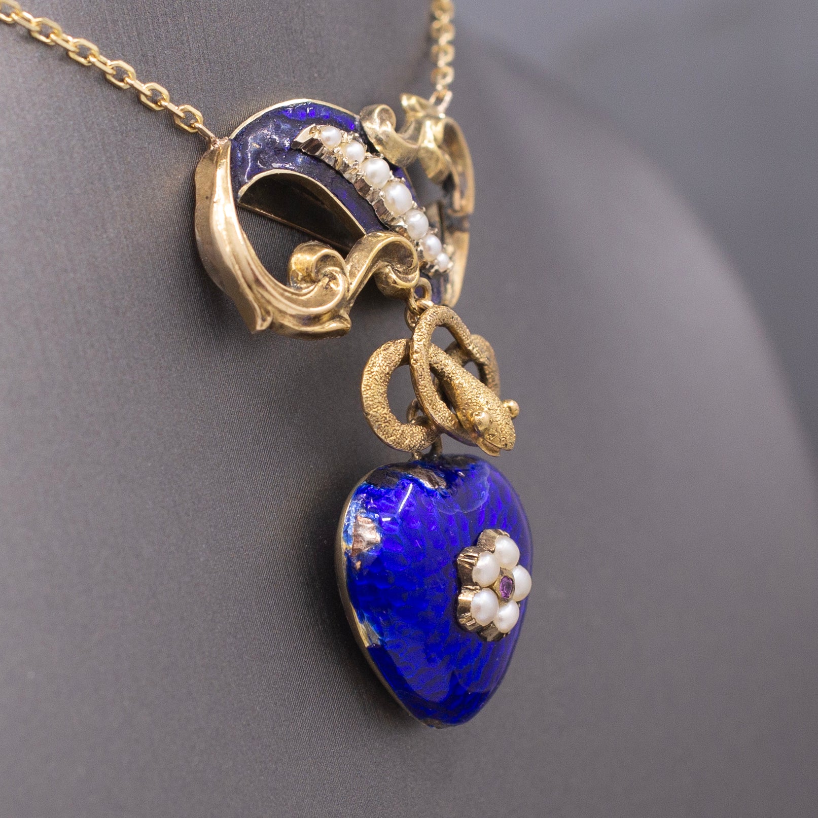 Antique Victorian Serpent Heart Locket in Blue Enamel Pendant Necklace in 14k Gold
