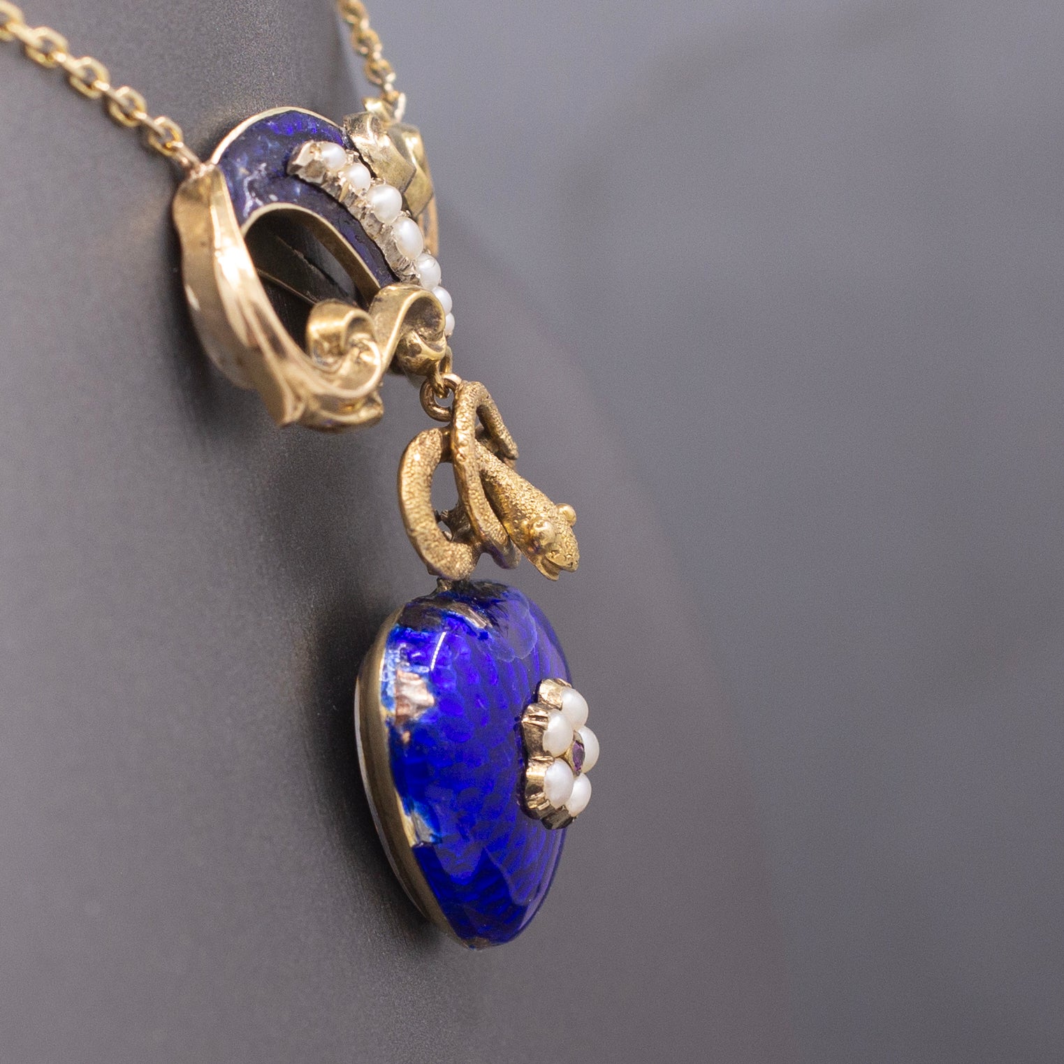 Antique Victorian Serpent Heart Locket in Blue Enamel Pendant Necklace in 14k Gold