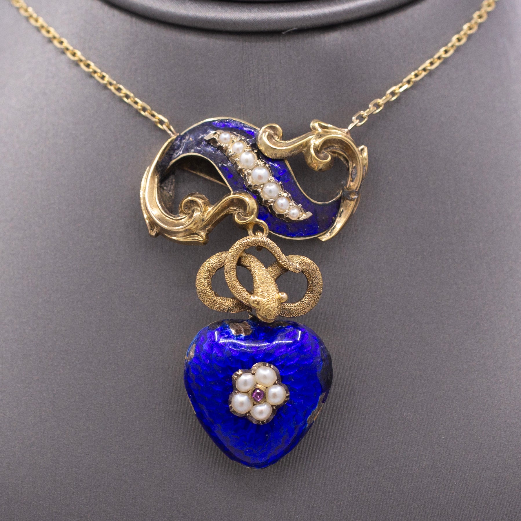 Antique Victorian Serpent Heart Locket in Blue Enamel Pendant Necklace in 14k Gold