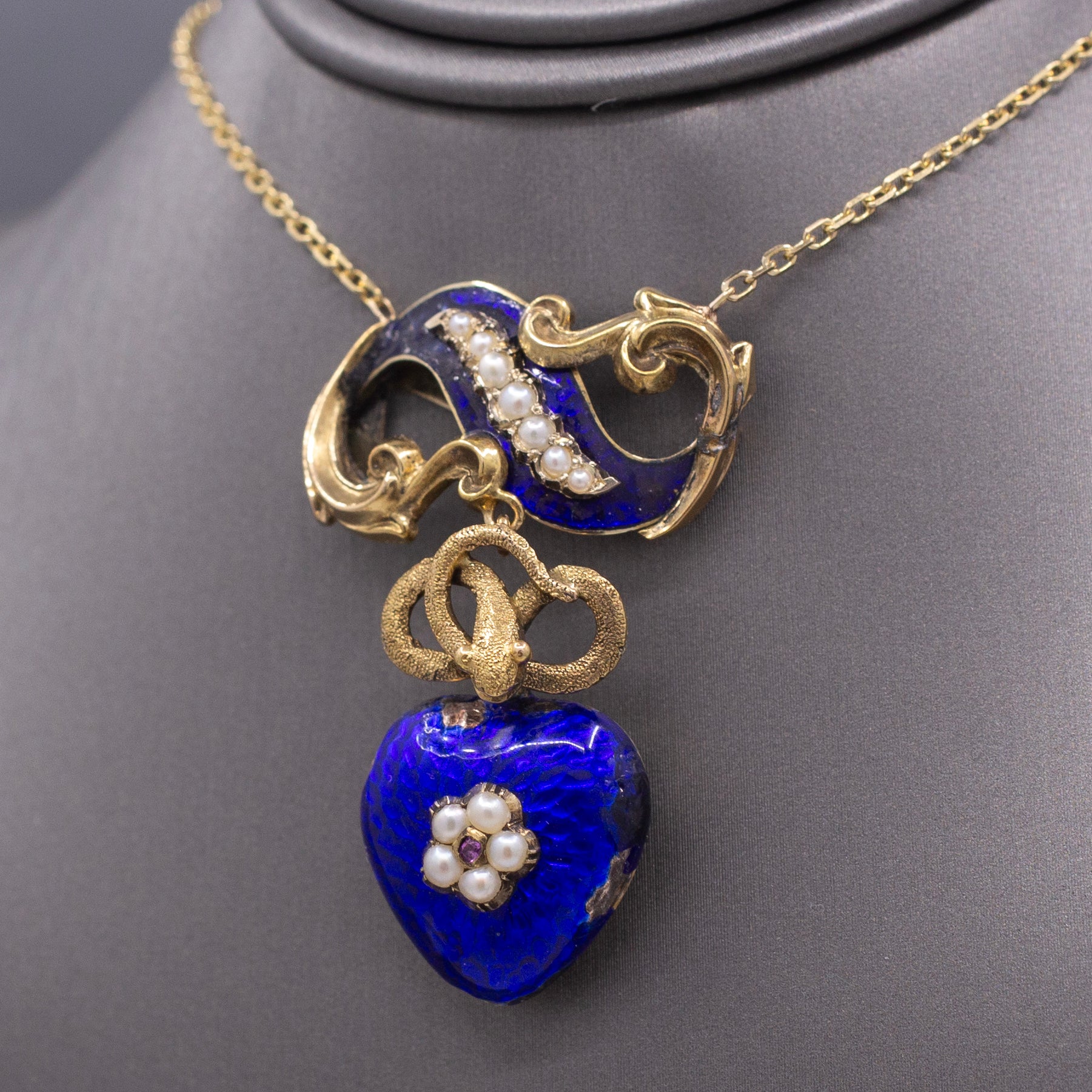 Antique Victorian Serpent Heart Locket in Blue Enamel Pendant Necklace in 14k Gold
