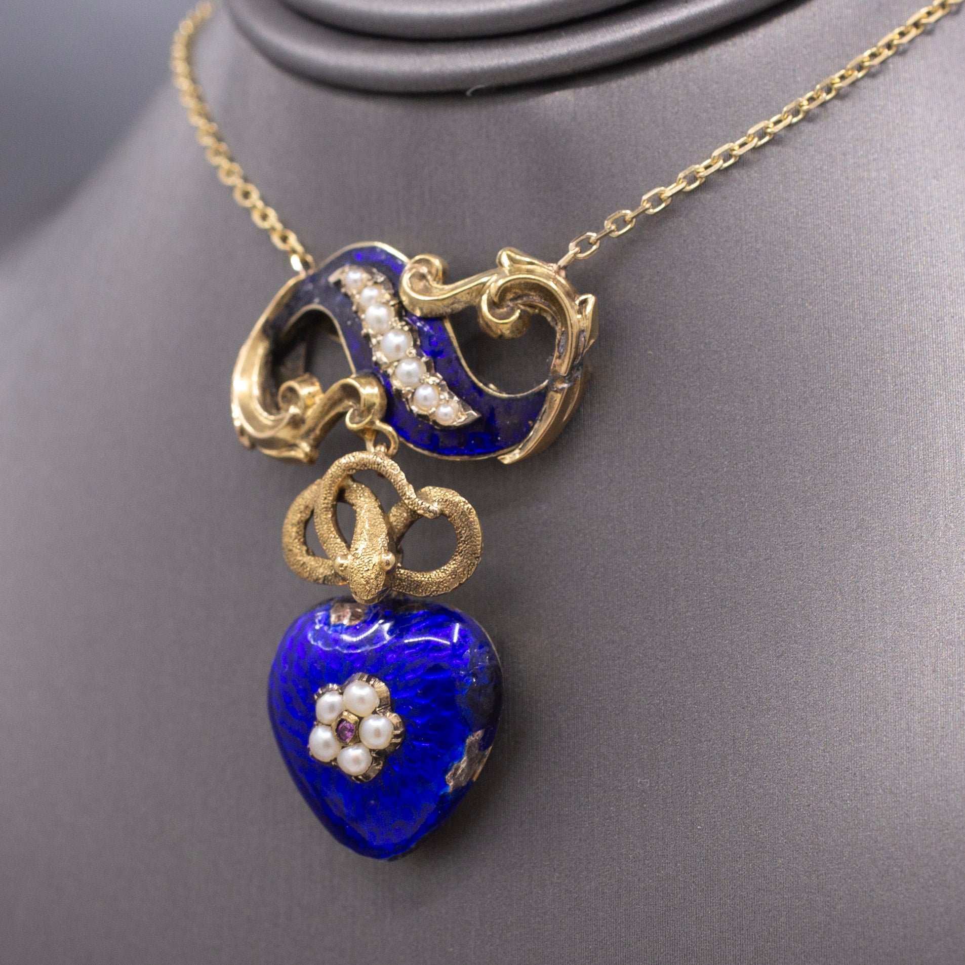 Antique Victorian Serpent Heart Locket in Blue Enamel Pendant Necklace in 14k Gold