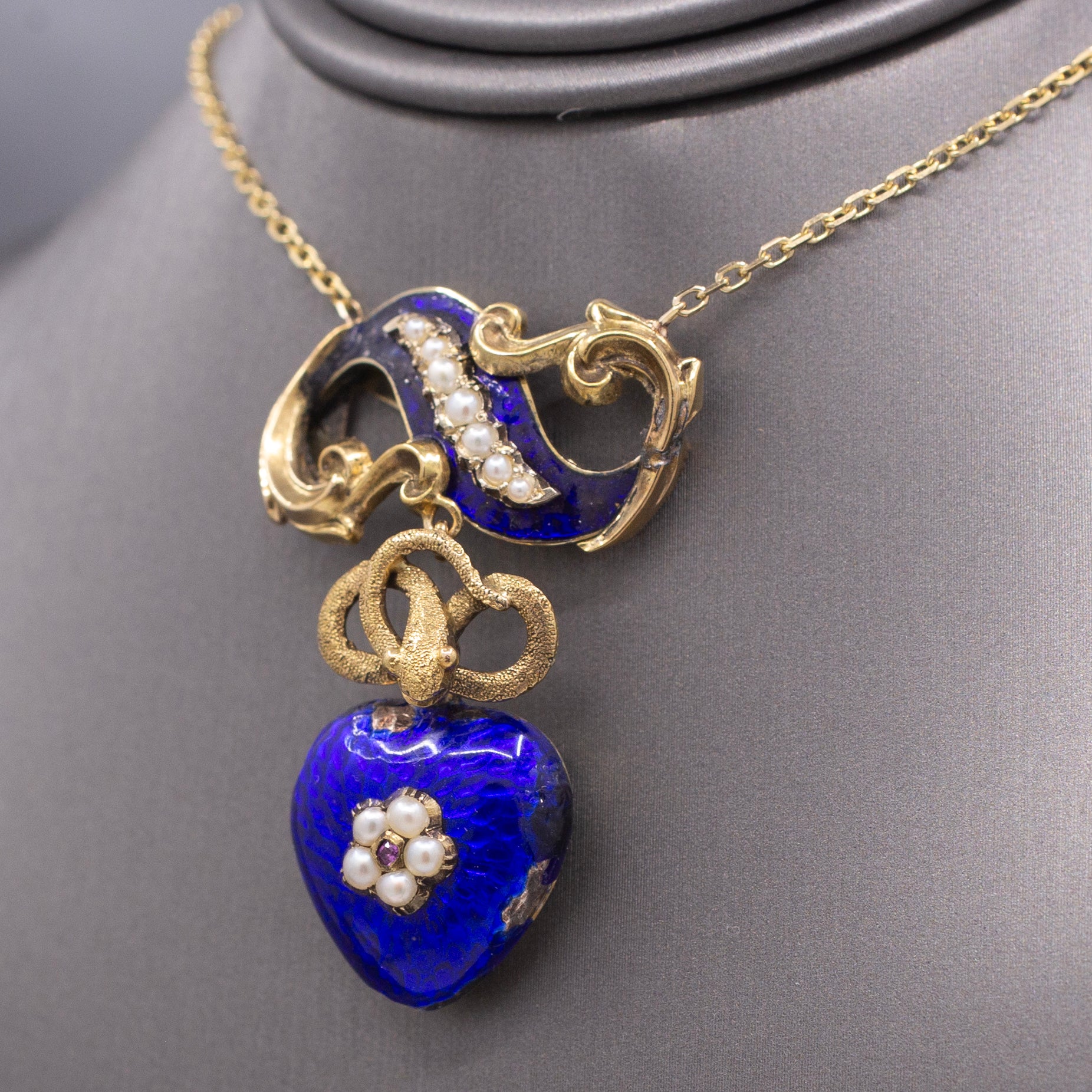 Antique Victorian Serpent Heart Locket in Blue Enamel Pendant Necklace in 14k Gold