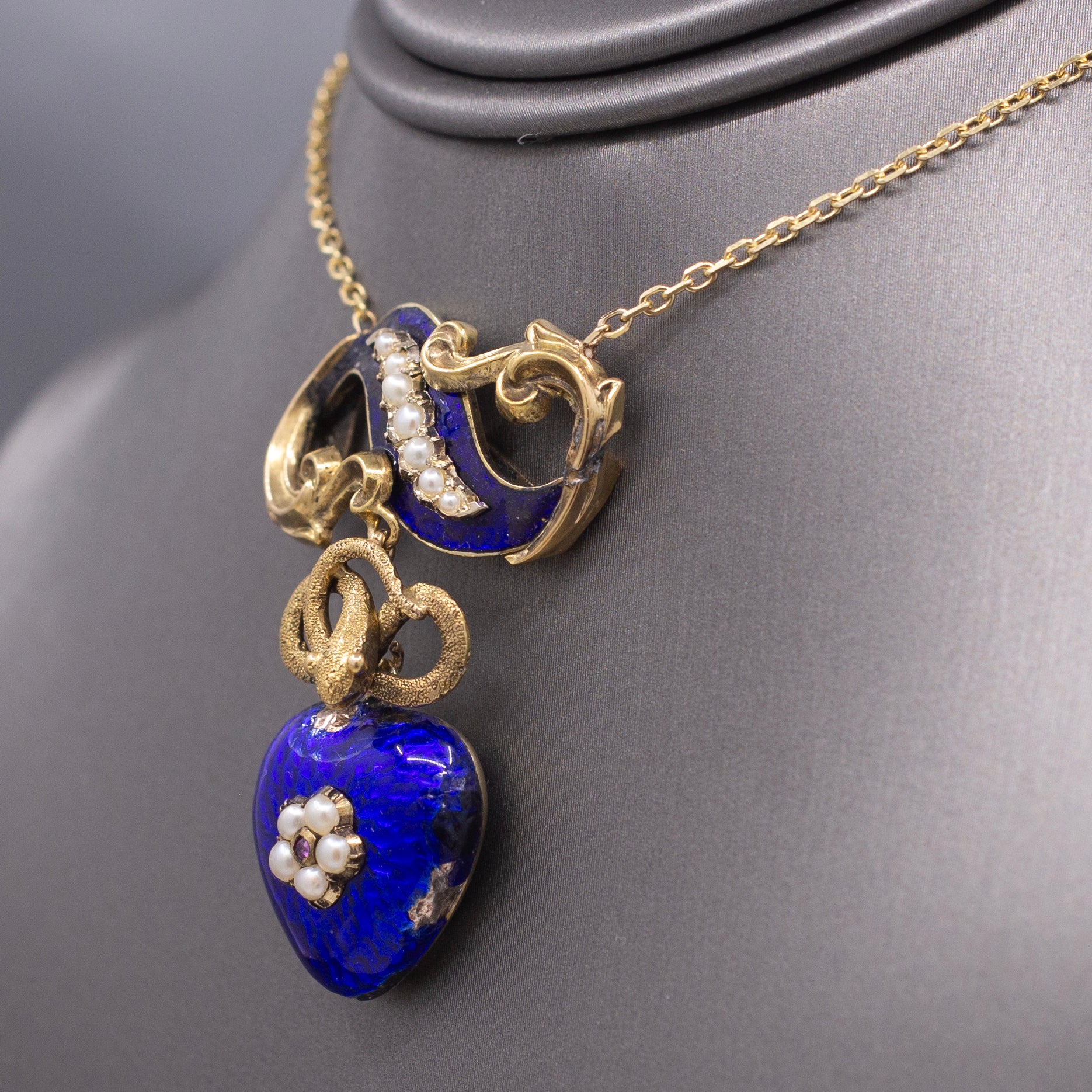 Antique Victorian Serpent Heart Locket in Blue Enamel Pendant Necklace in 14k Gold