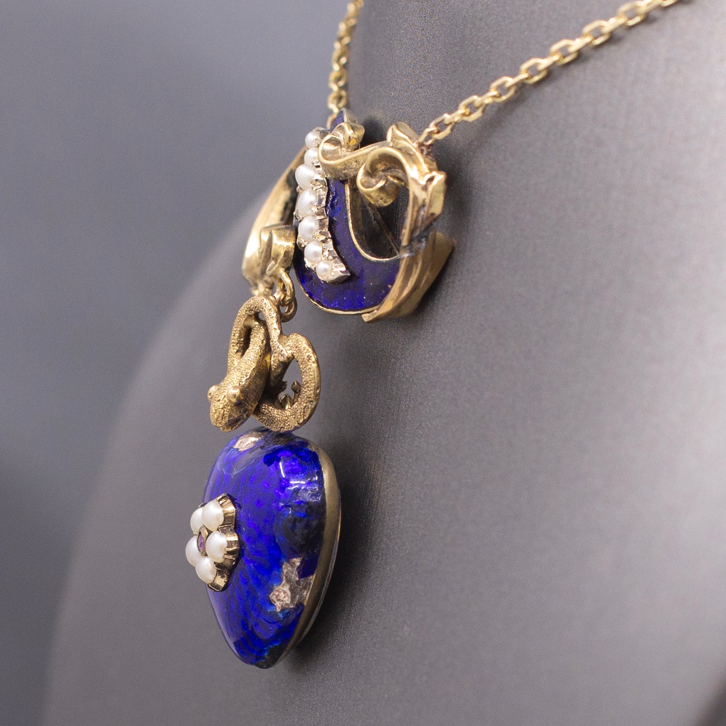 Antique Victorian Serpent Heart Locket in Blue Enamel Pendant Necklace in 14k Gold