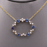 Antique Victorian Yogo Blue Montana Sapphire and Pearl Pendant Necklace in 14k Yellow Gold