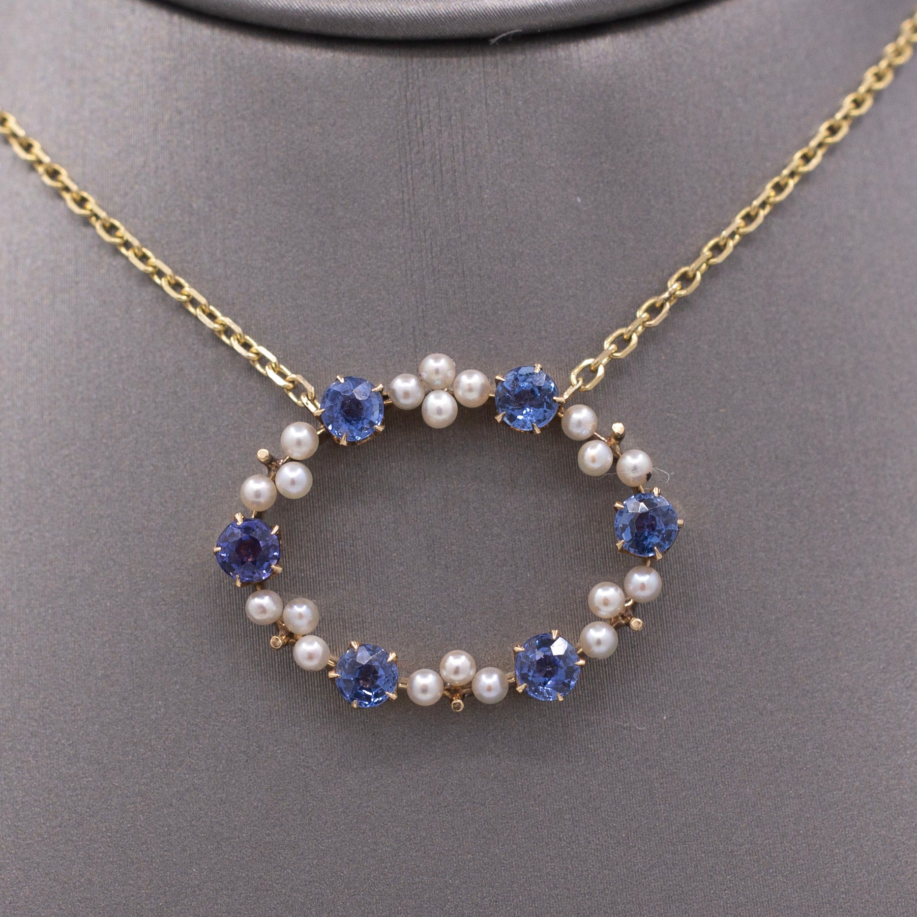 Antique Victorian Yogo Blue Montana Sapphire and Pearl Pendant Necklace in 14k Yellow Gold