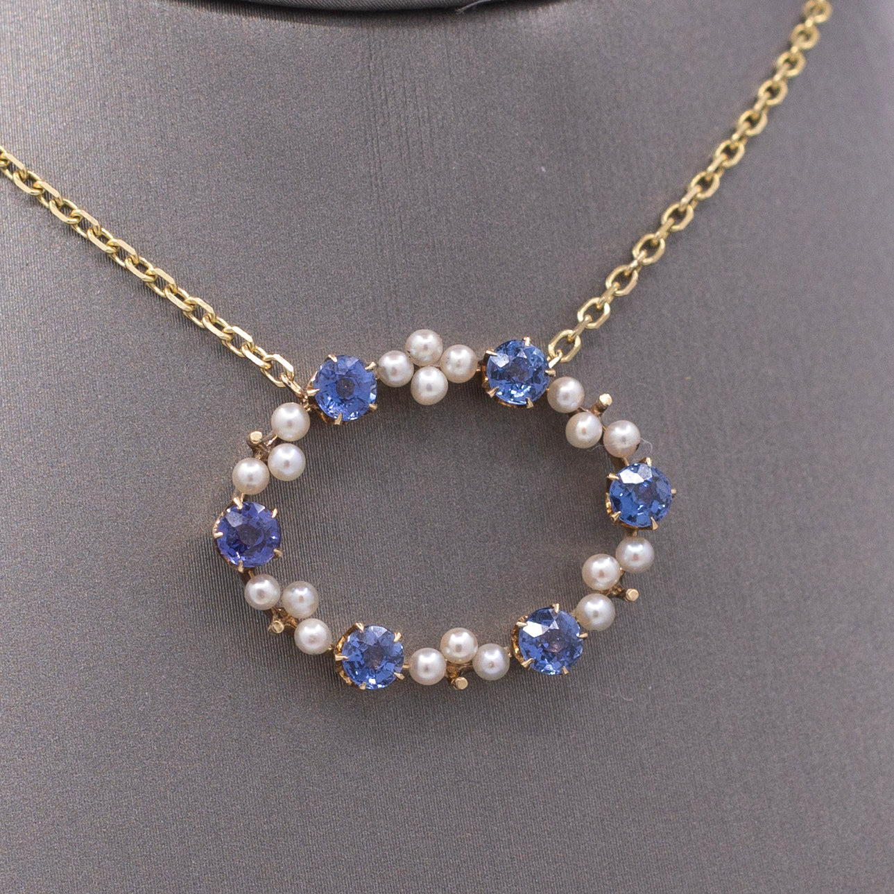 Antique Victorian Yogo Blue Montana Sapphire and Pearl Pendant Necklace in 14k Yellow Gold