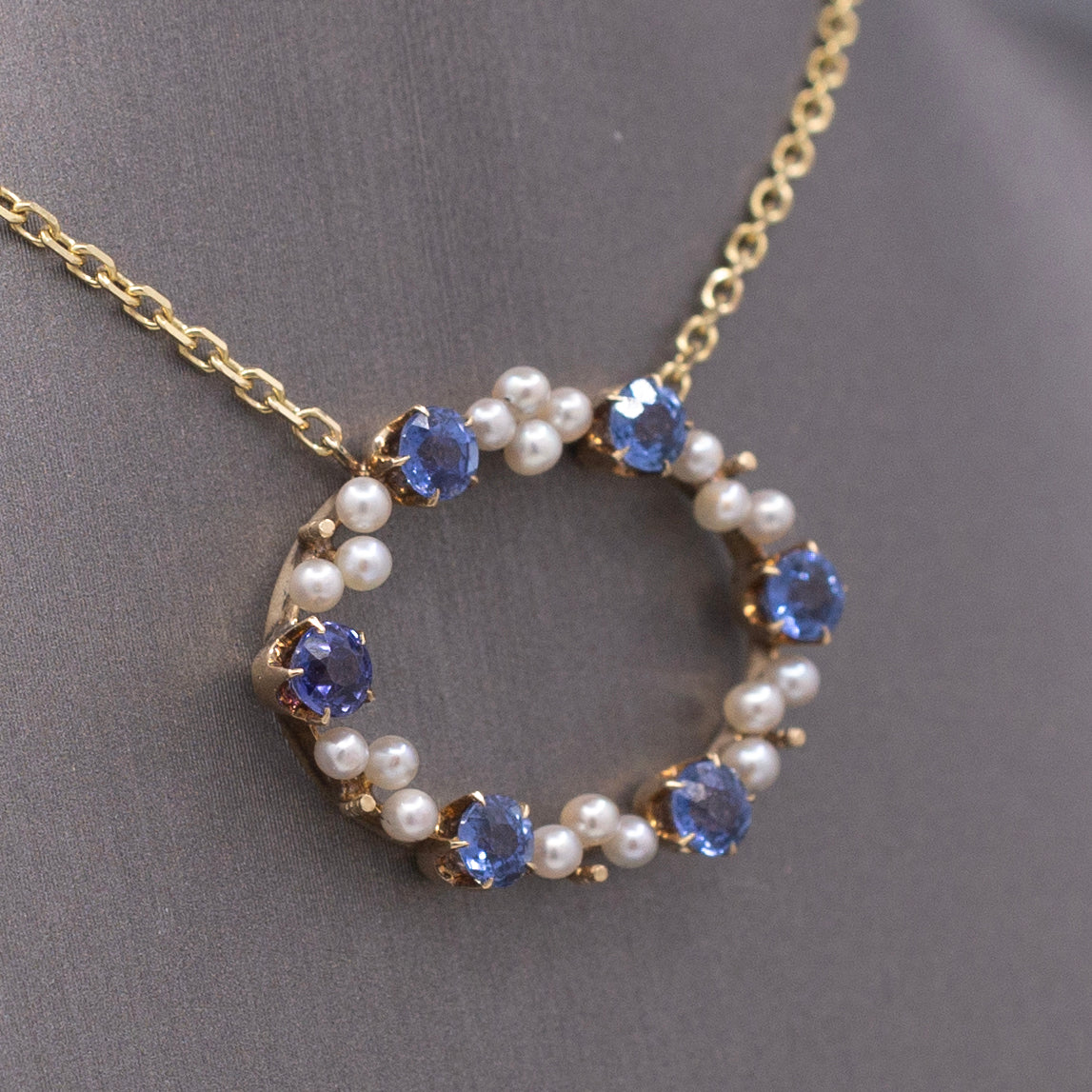 Antique Victorian Yogo Blue Montana Sapphire and Pearl Pendant Necklace in 14k Yellow Gold