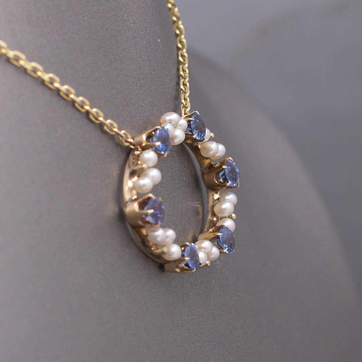 Antique Victorian Yogo Blue Montana Sapphire and Pearl Pendant Necklace in 14k Yellow Gold