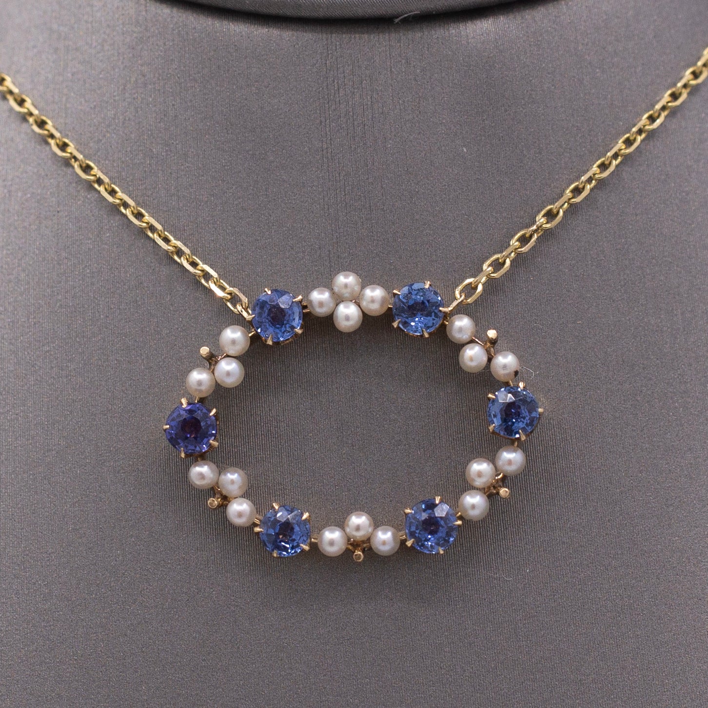 Antique Victorian Yogo Blue Montana Sapphire and Pearl Pendant Necklace in 14k Yellow Gold