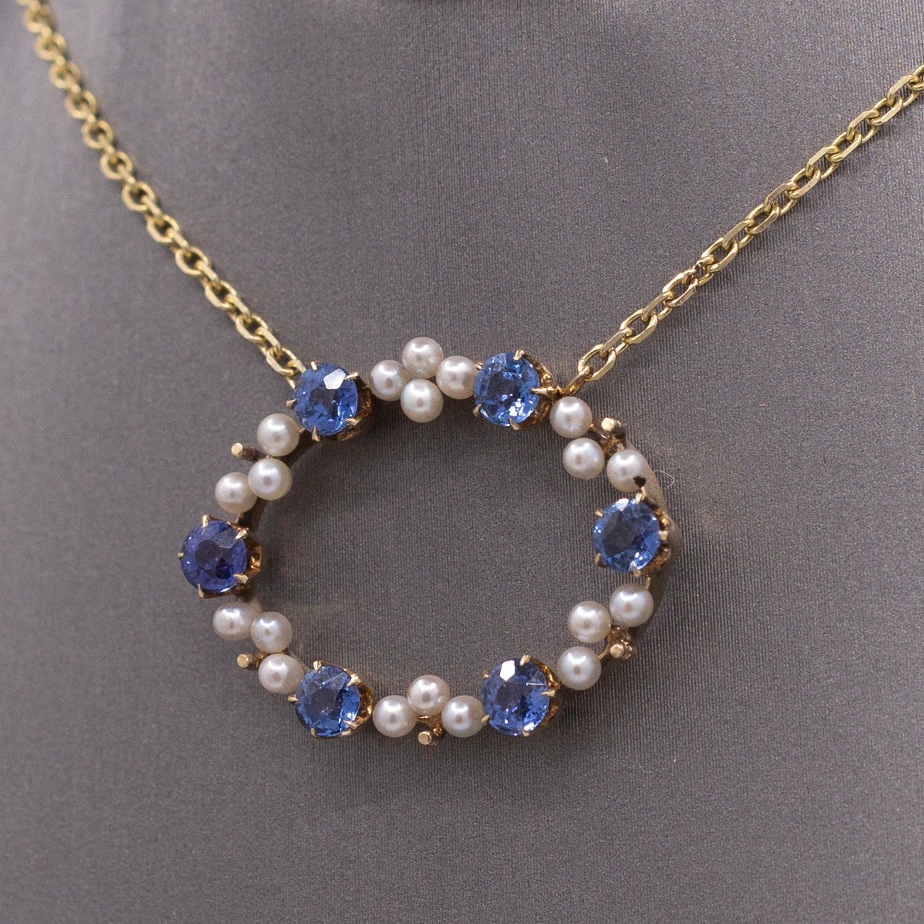 Antique Victorian Yogo Blue Montana Sapphire and Pearl Pendant Necklace in 14k Yellow Gold
