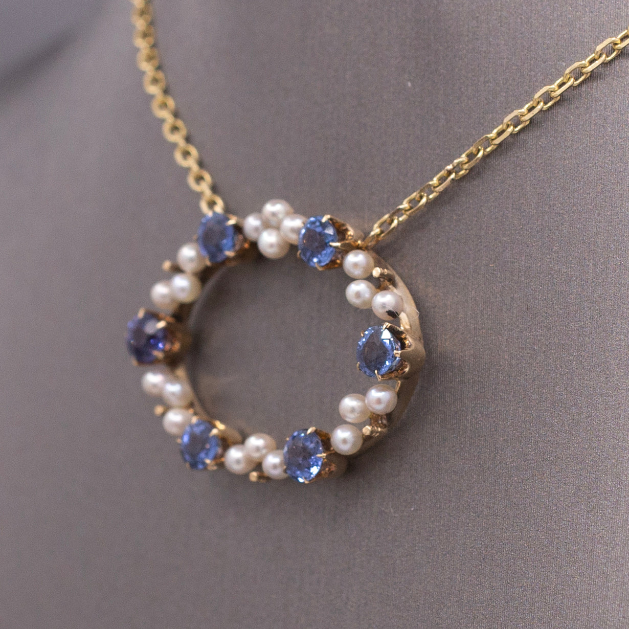 Antique Victorian Yogo Blue Montana Sapphire and Pearl Pendant Necklace in 14k Yellow Gold