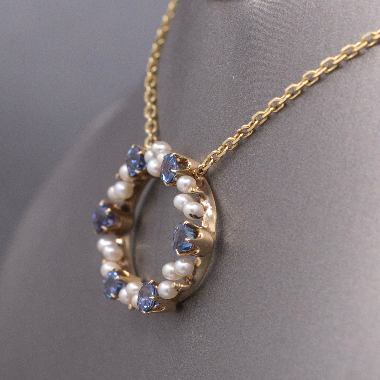 Antique Victorian Yogo Blue Montana Sapphire and Pearl Pendant Necklace in 14k Yellow Gold