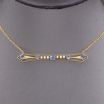 Antique Victorian Blue Yogo Sapphire and Pearl Bar Necklace in 14k Yellow Gold