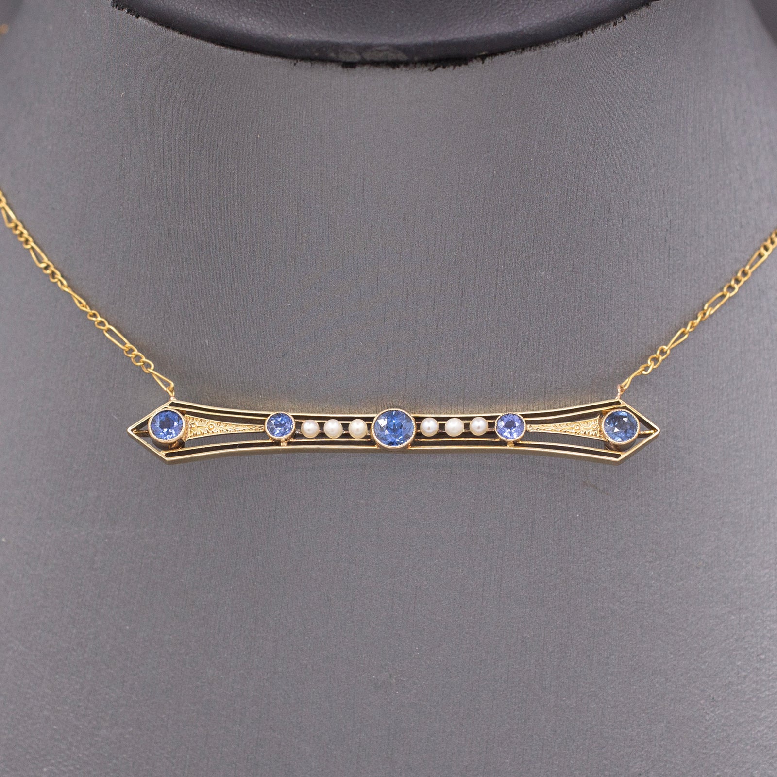 Antique Victorian Blue Yogo Sapphire and Pearl Bar Necklace in 14k Yellow Gold