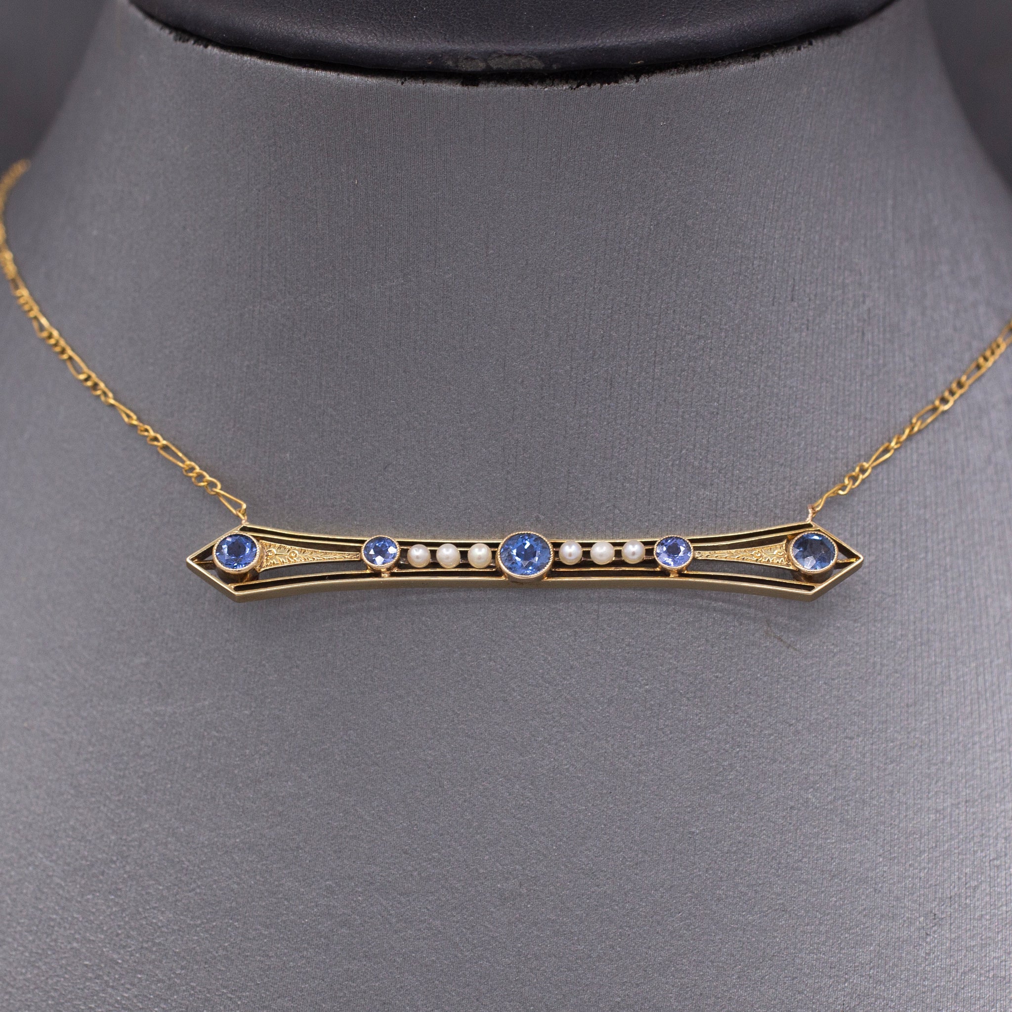 Antique Victorian Blue Yogo Sapphire and Pearl Bar Necklace in 14k Yellow Gold