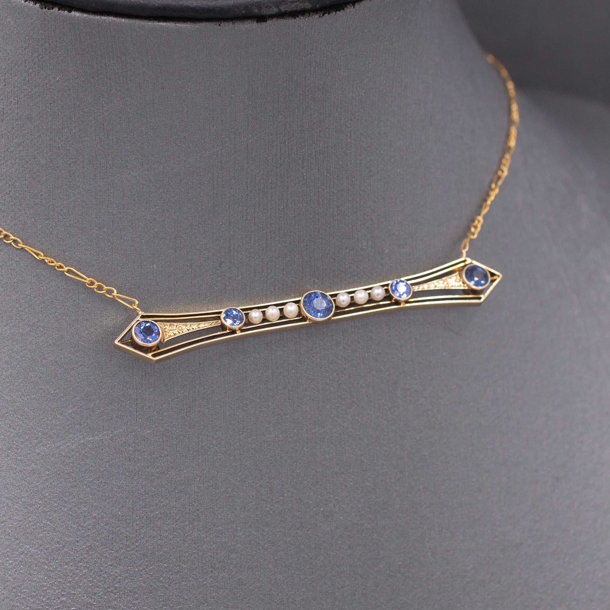 Antique Victorian Blue Yogo Sapphire and Pearl Bar Necklace in 14k Yellow Gold