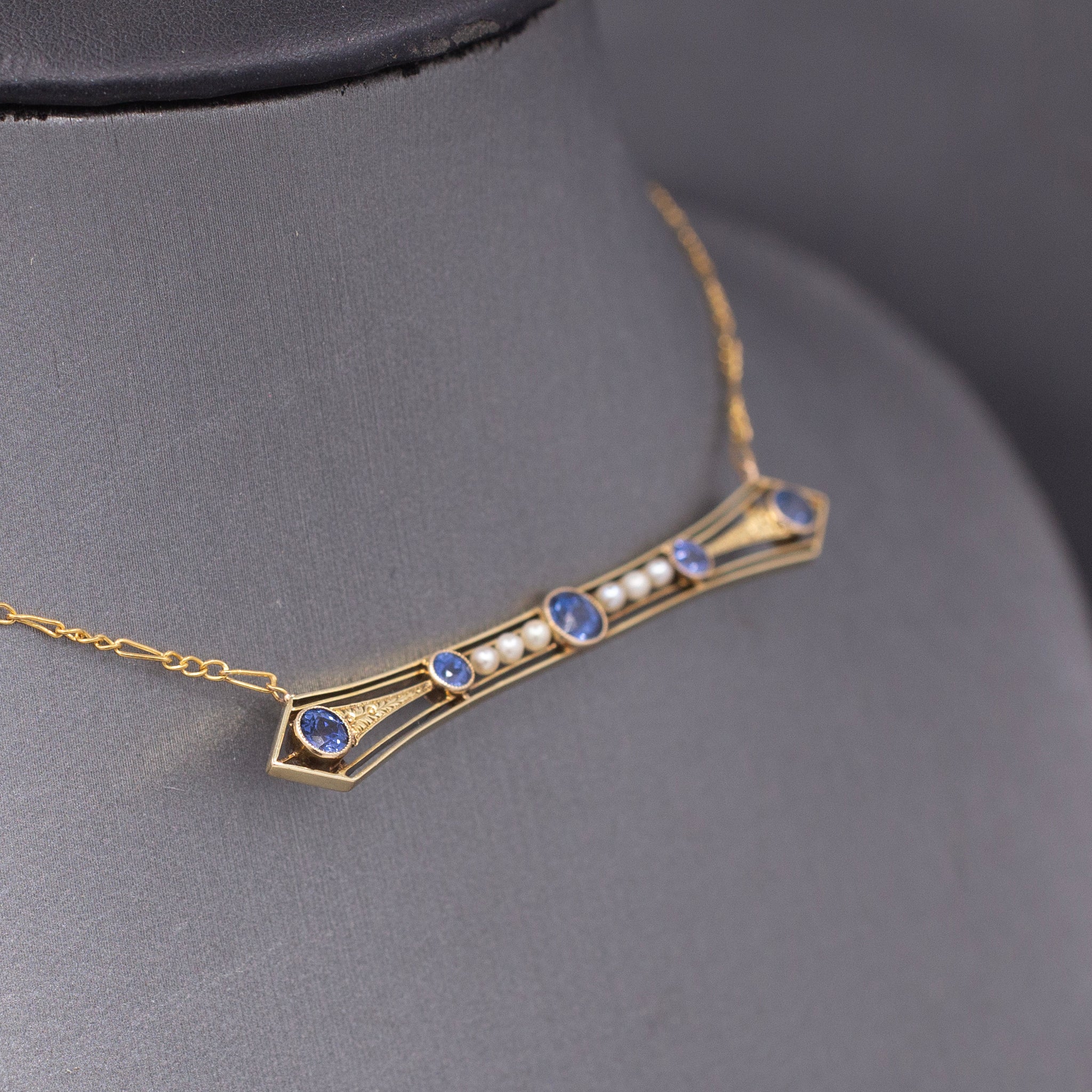 Antique Victorian Blue Yogo Sapphire and Pearl Bar Necklace in 14k Yellow Gold
