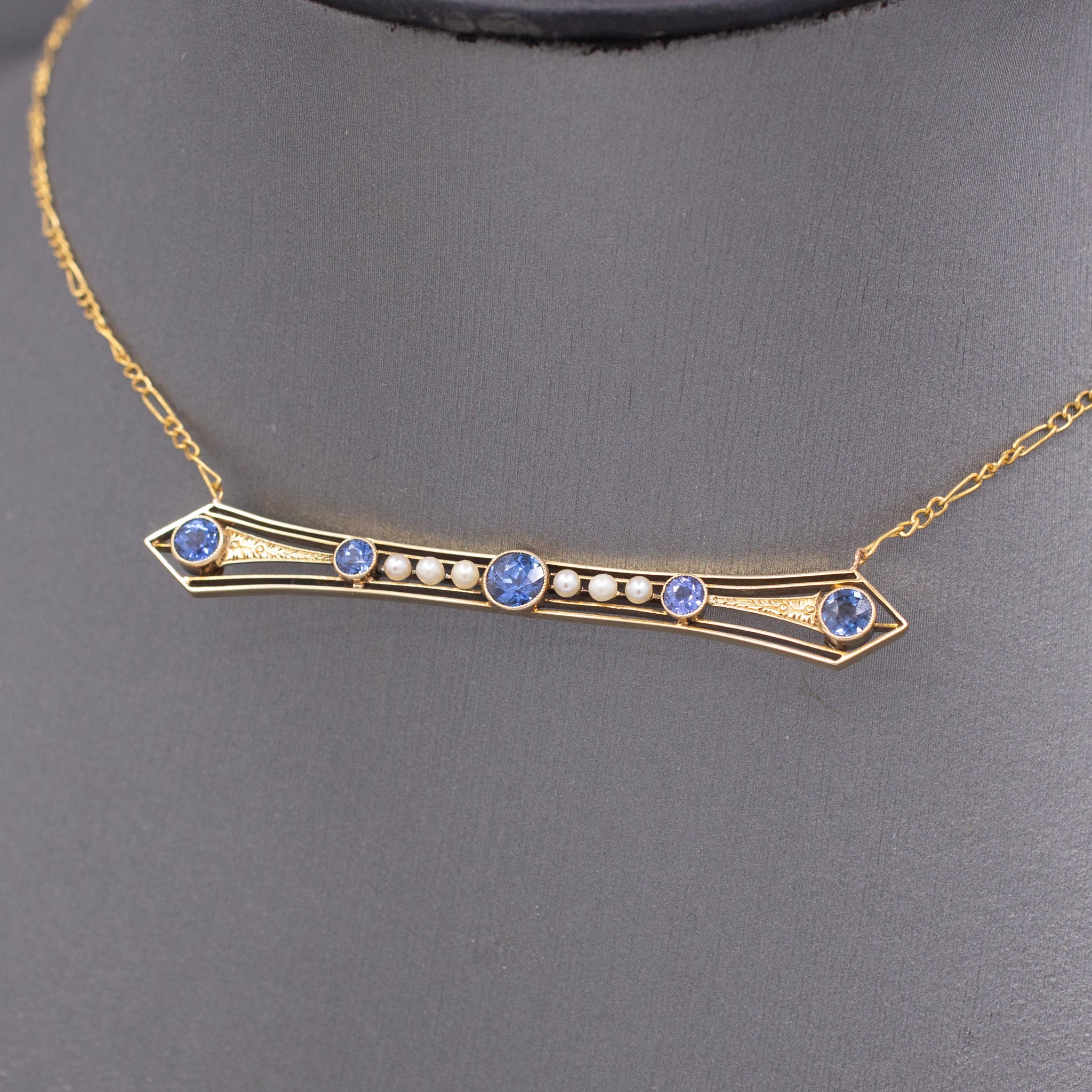 Antique Victorian Blue Yogo Sapphire and Pearl Bar Necklace in 14k Yellow Gold