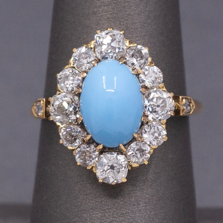 Impeccable Antique Victorian Persian Turquoise and Old Mine Cut Diamond Ring in 14k