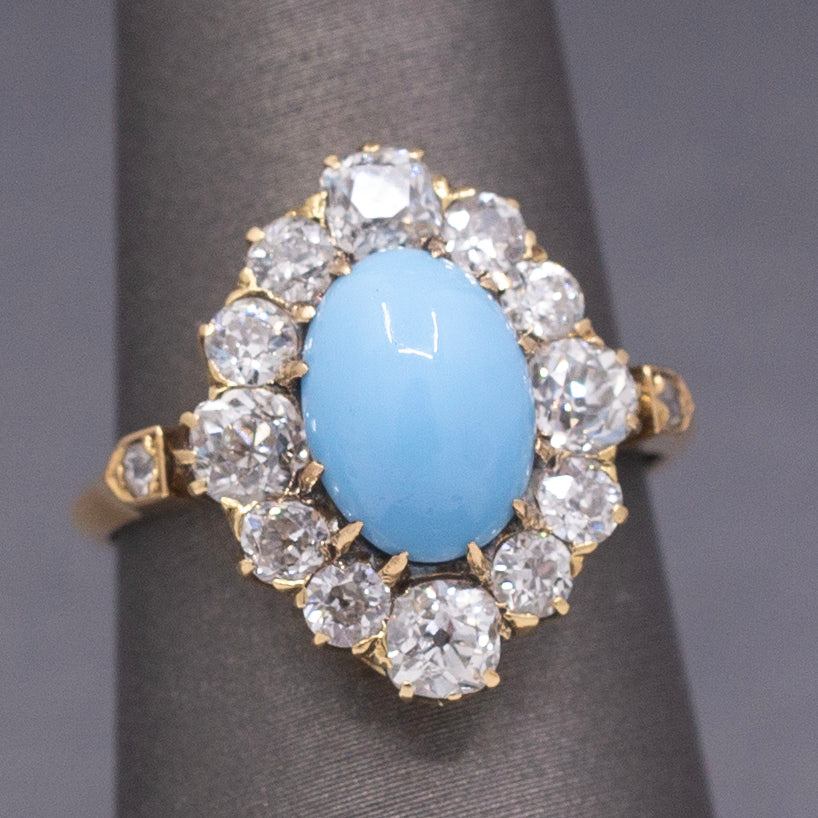 Impeccable Antique Victorian Persian Turquoise and Old Mine Cut Diamond Ring in 14k