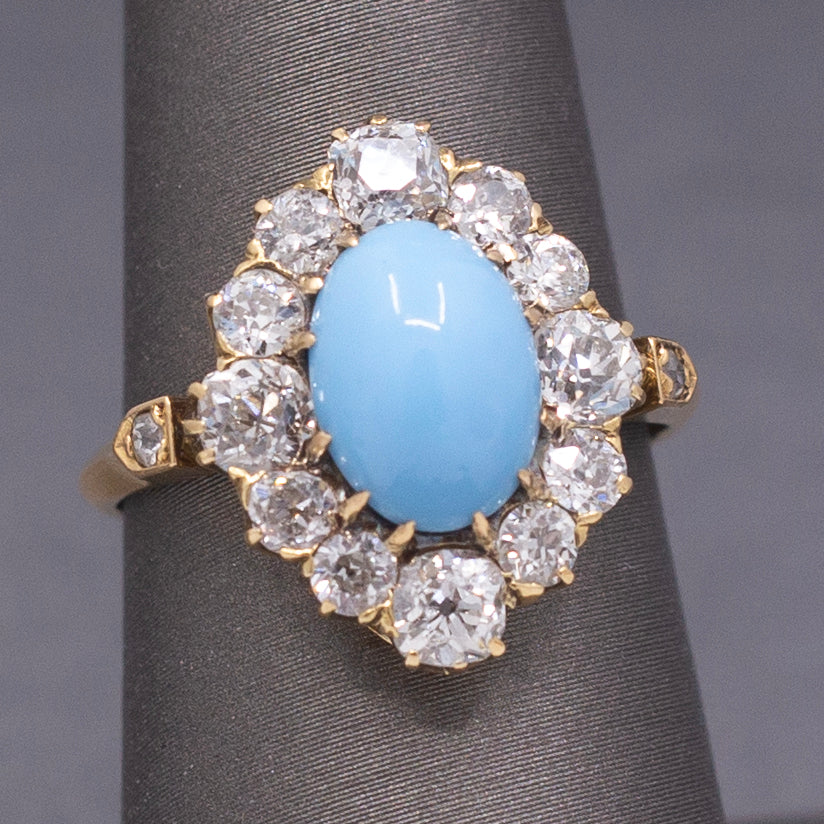 Impeccable Antique Victorian Persian Turquoise and Old Mine Cut Diamond Ring in 14k