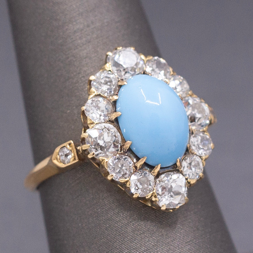 Impeccable Antique Victorian Persian Turquoise and Old Mine Cut Diamond Ring in 14k
