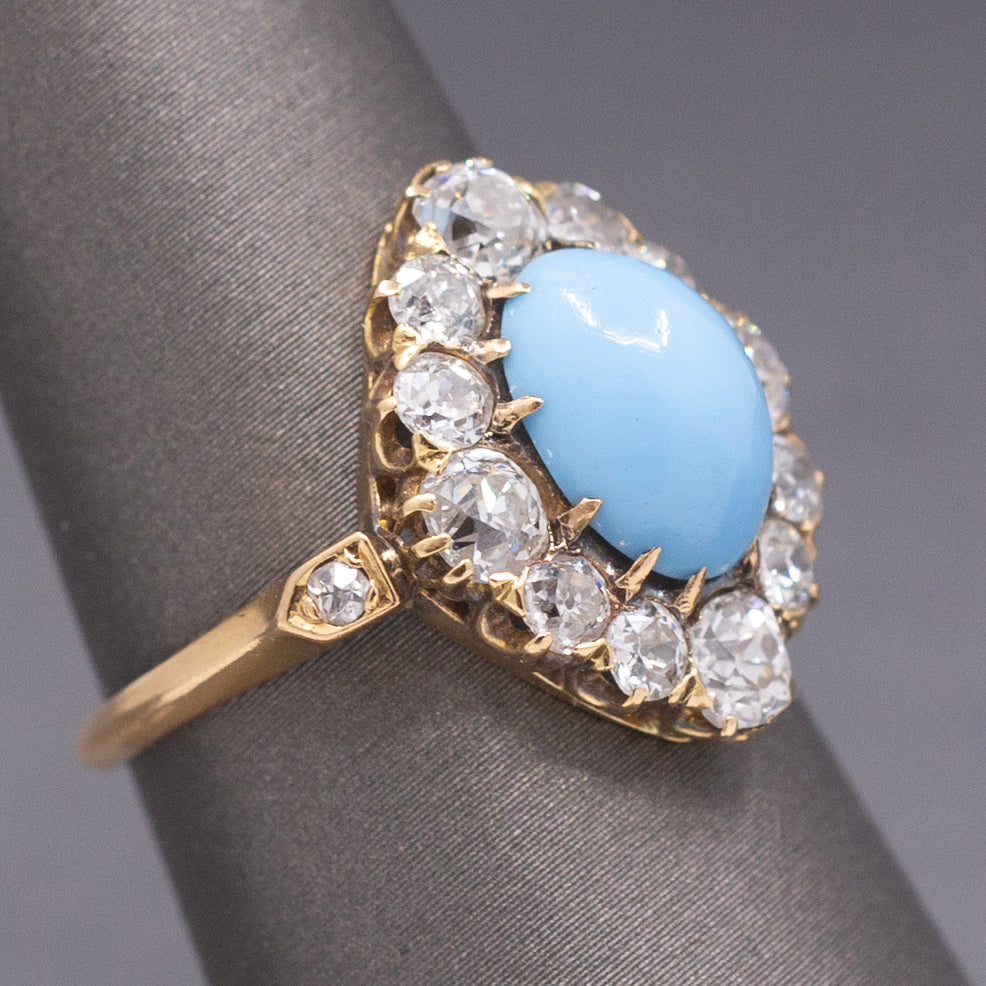 Impeccable Antique Victorian Persian Turquoise and Old Mine Cut Diamond Ring in 14k