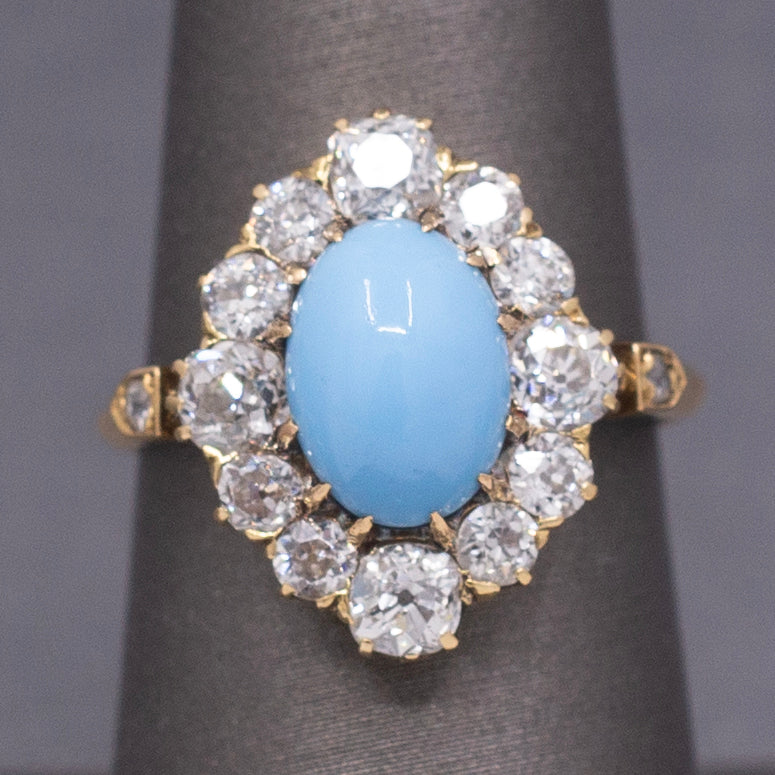 Impeccable Antique Victorian Persian Turquoise and Old Mine Cut Diamond Ring in 14k