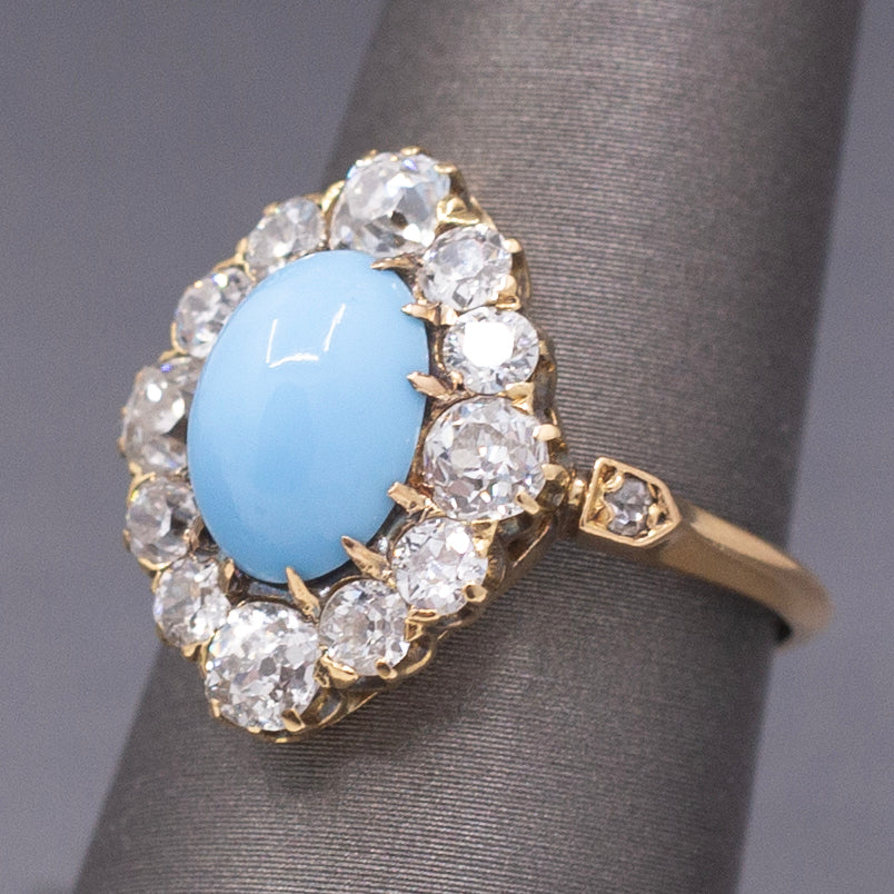 Impeccable Antique Victorian Persian Turquoise and Old Mine Cut Diamond Ring in 14k