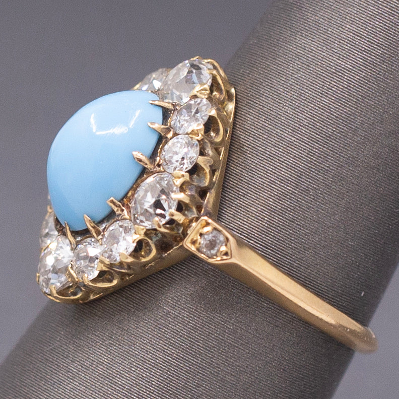 Impeccable Antique Victorian Persian Turquoise and Old Mine Cut Diamond Ring in 14k
