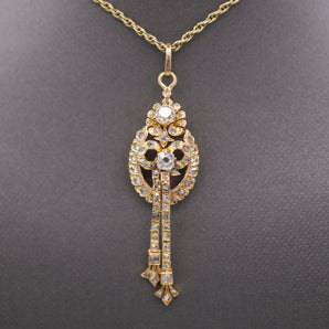 Victorian Old Mine Cut and Rose Cut Diamond Pendant Necklace in 14k Yellow Gold