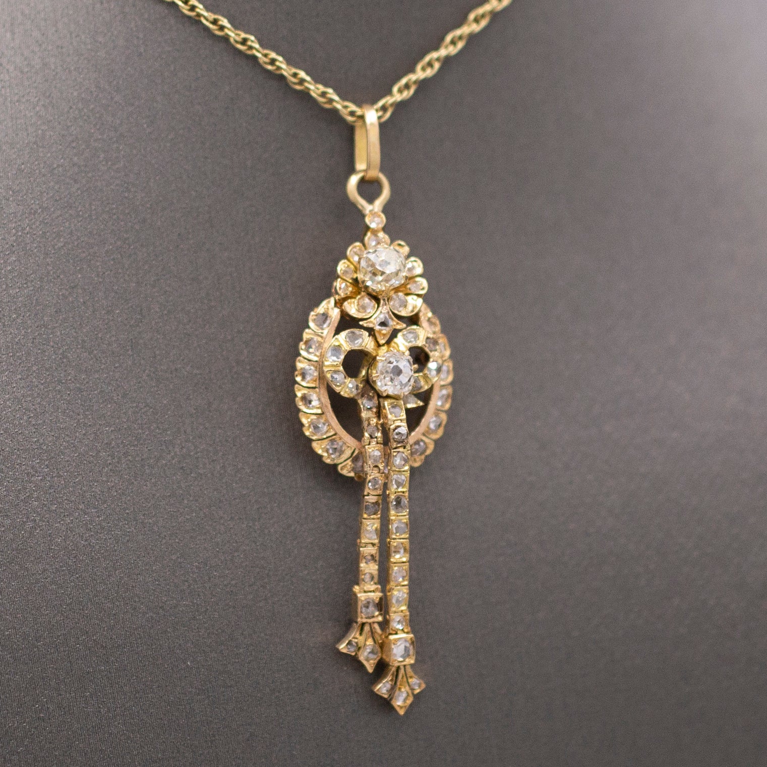 Victorian Old Mine Cut and Rose Cut Diamond Pendant Necklace in 14k Yellow Gold