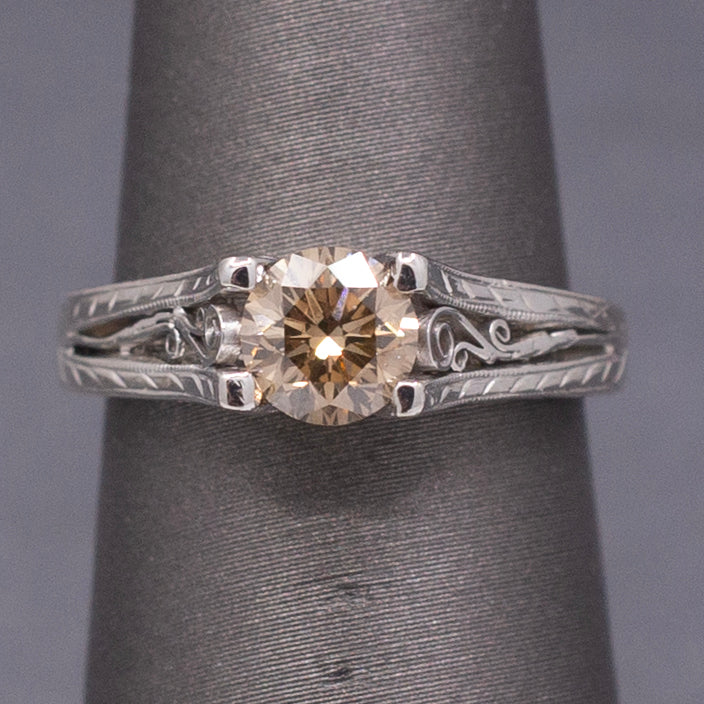 Fancy Champagne Brown Diamond Solitaire in Platinum with Hand Engraved Ring