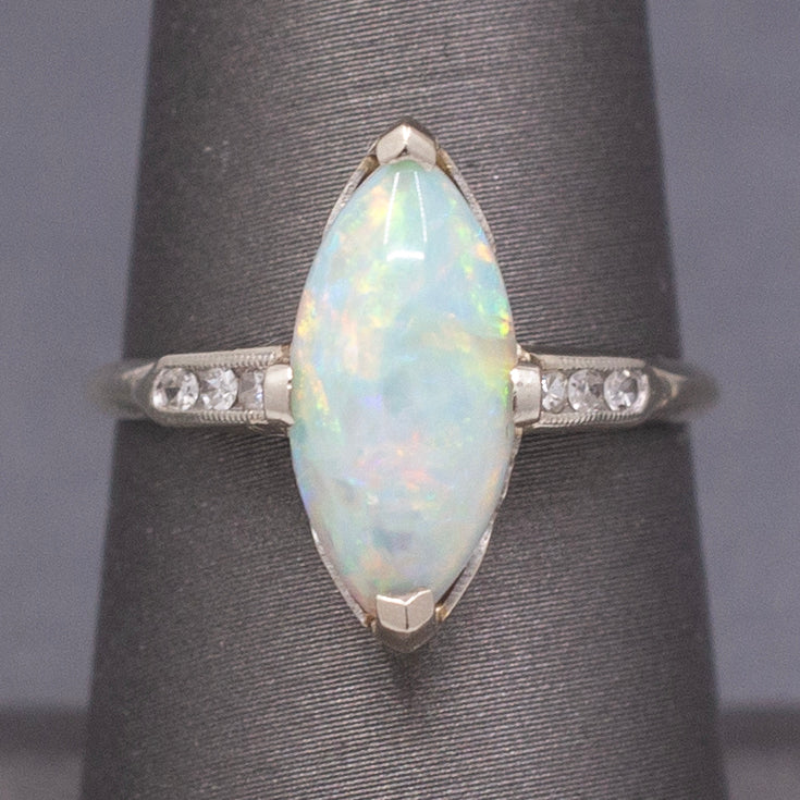 Late Art Deco Colorful Australian Opal and Diamond Ring in White Gold