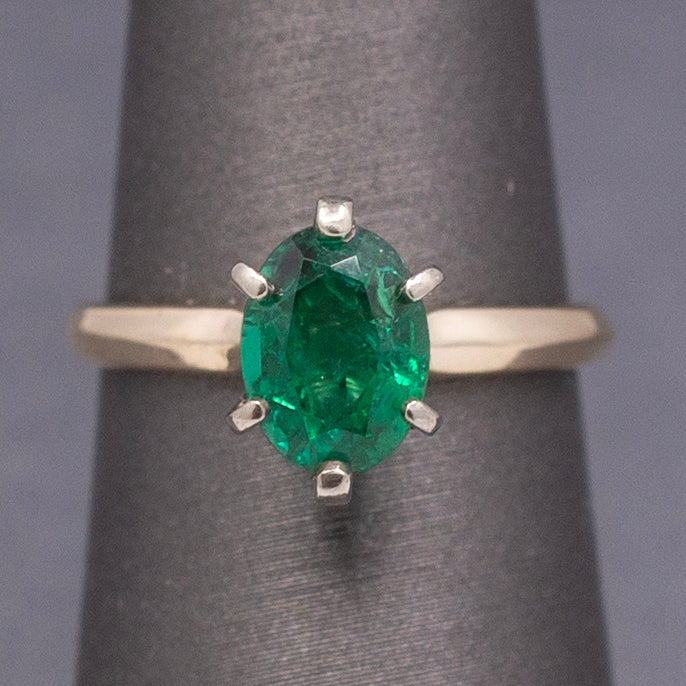 Vivid Sparkling Natural Oval Cut Emerald Solitaire Ring in 14k Yellow Gold