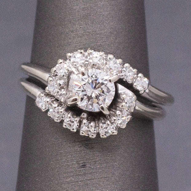 Vintage Round Diamond Bypass Wedding Ring Set in 14k White Gold