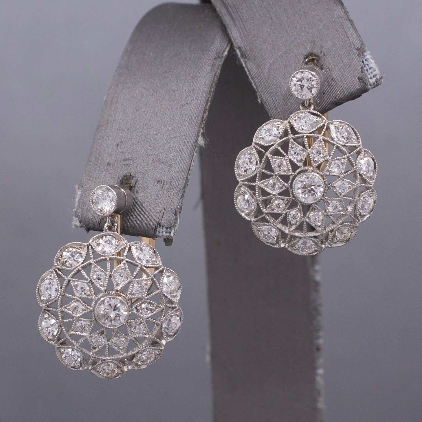 Antique Edwardian Diamond Lace Filigree Drop Earrings in 18k Yellow and White Gold