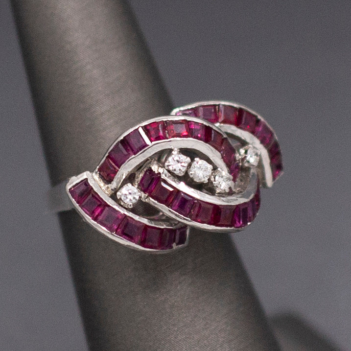Vintage Channel Set Ruby and Diamond Cocktail Ring in 18k White Gold