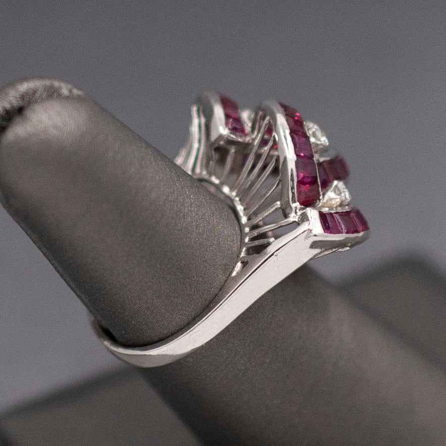 Vintage Channel Set Ruby and Diamond Cocktail Ring in 18k White Gold