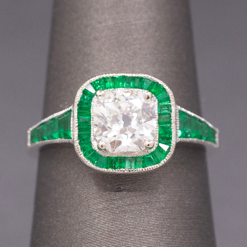 Vintage Old Mine Cut Diamond and Natural Emerald Engagement Ring in 14k White Gold