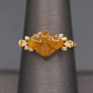 Petite Golden Jade Jadeite and Diamond Carved Flower Ring in 18k Yellow Gold