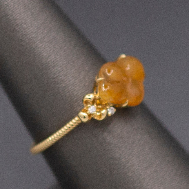 Petite Golden Jade Jadeite and Diamond Carved Flower Ring in 18k Yellow Gold