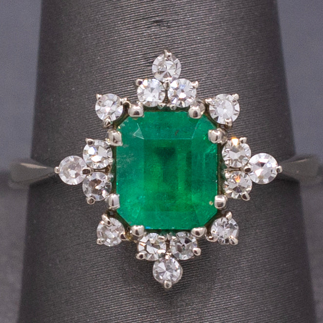 Fine Vintage Emerald Cut Natural Emerald and Diamond Ring in 14k White Gold